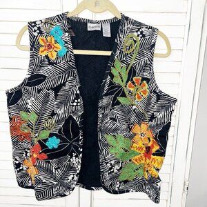 Chico’s Boho Black Art Embroidered Floral Open Vest Size 1/ US 8 Med